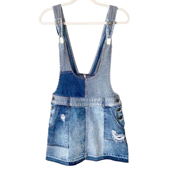 Free People | Patchwork Denim Jumper Overall Mini Dress Distressed Pockets SZ 4 - Picture 4 of 10